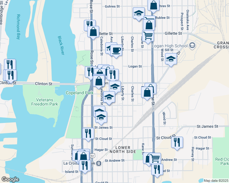 map of restaurants, bars, coffee shops, grocery stores, and more near 1208 Avon Street in La Crosse