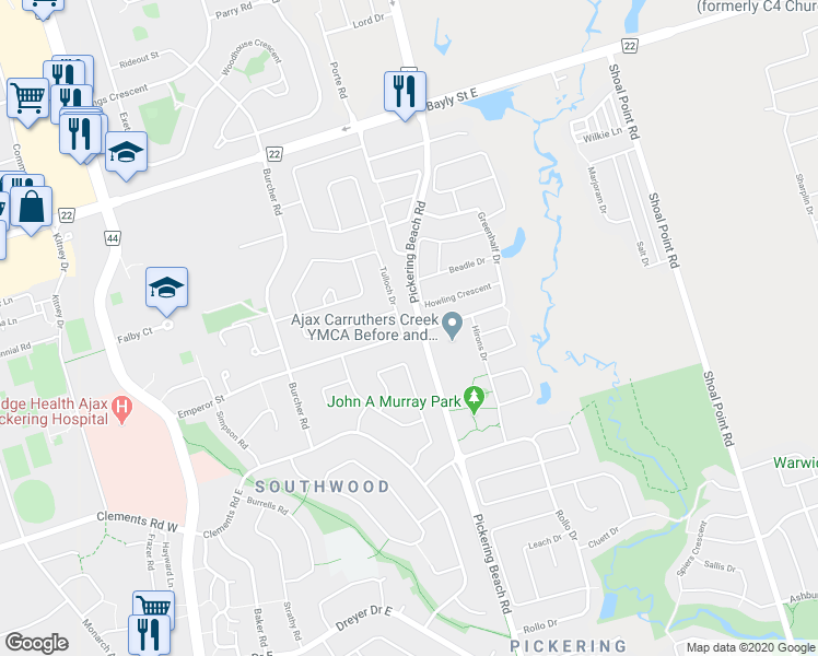 map of restaurants, bars, coffee shops, grocery stores, and more near 1 Tulloch Drive in Ajax