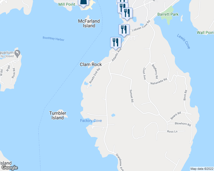 map of restaurants, bars, coffee shops, grocery stores, and more near 183 Atlantic Avenue in Boothbay Harbor