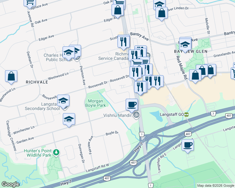 map of restaurants, bars, coffee shops, grocery stores, and more near Eleanor Circle in Richmond Hill