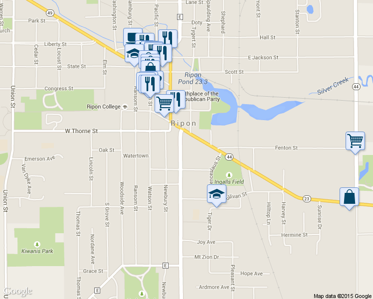 map of restaurants, bars, coffee shops, grocery stores, and more near 535 Metomen Street in Ripon