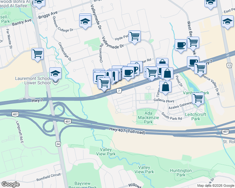 map of restaurants, bars, coffee shops, grocery stores, and more near 12 Gandhi Lane in Markham