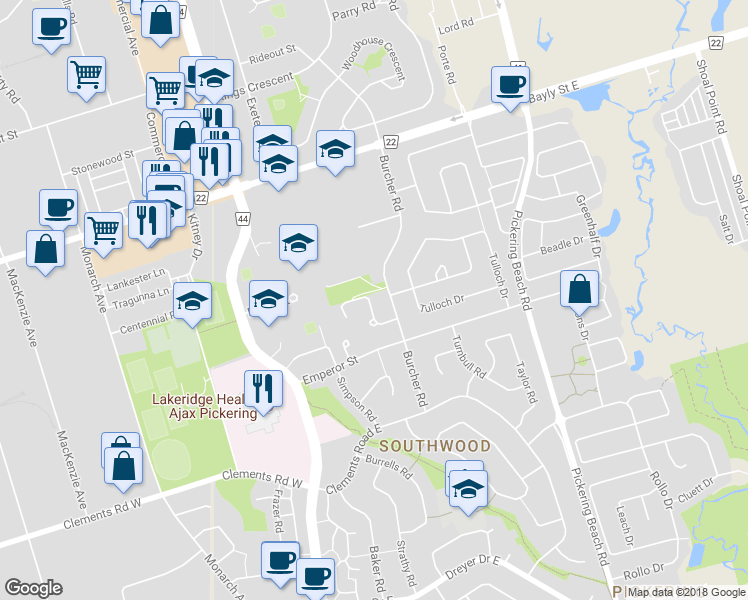 map of restaurants, bars, coffee shops, grocery stores, and more near 24 Aldonschool Court in Ajax