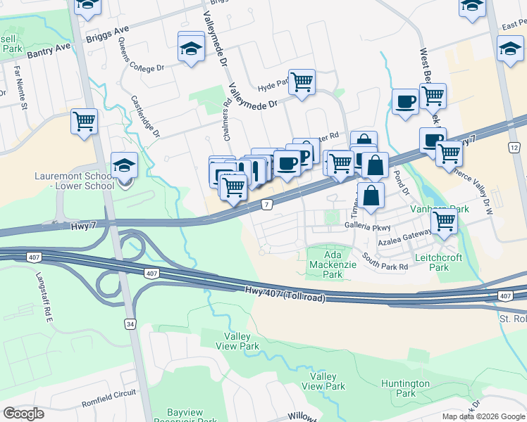 map of restaurants, bars, coffee shops, grocery stores, and more near 12 Gandhi Lane in Markham