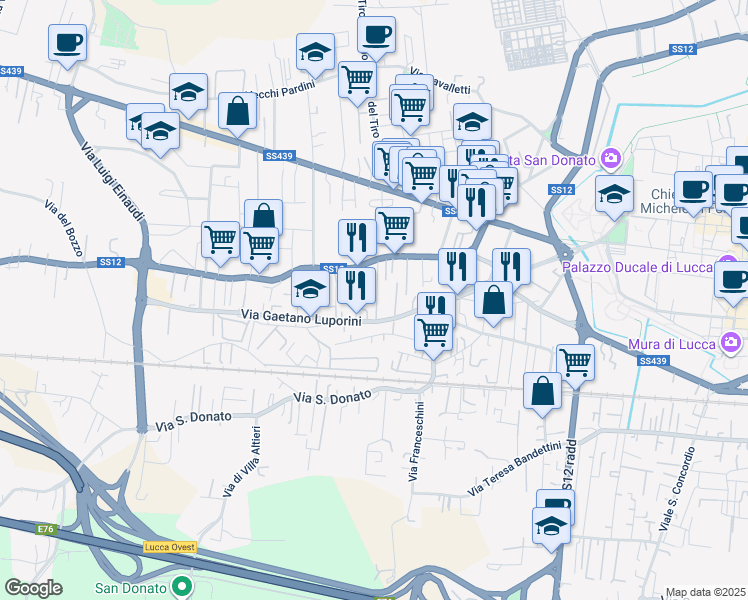 map of restaurants, bars, coffee shops, grocery stores, and more near 138 Via Cristoforo Malvezzi in Lucca
