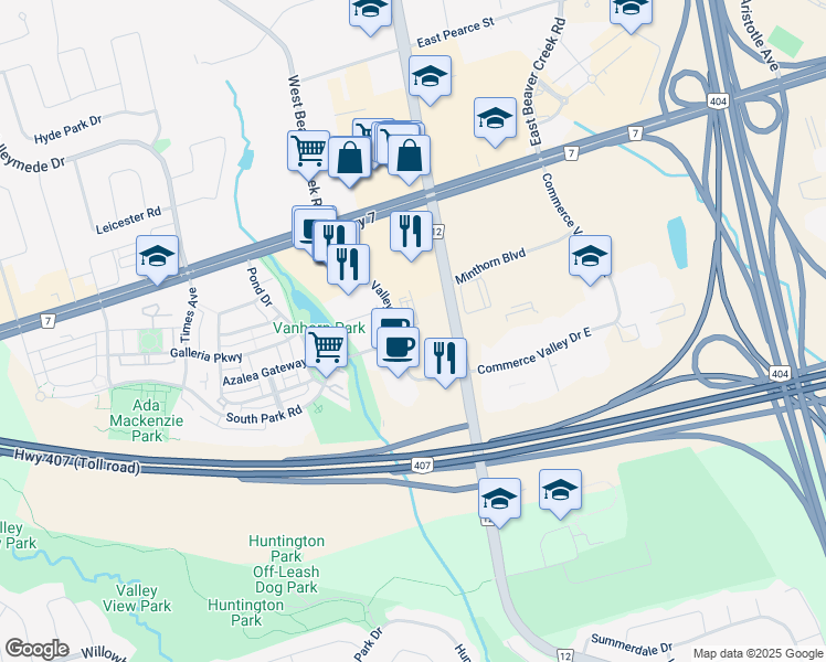 map of restaurants, bars, coffee shops, grocery stores, and more near 150 Commerce Valley Drive in Markham