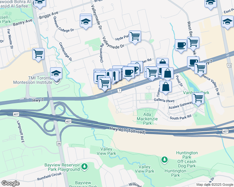 map of restaurants, bars, coffee shops, grocery stores, and more near 12 Gandhi Lane in Markham