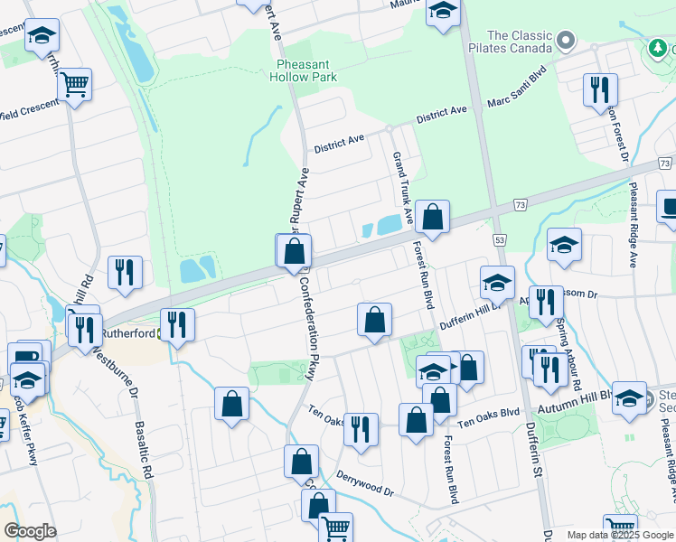 map of restaurants, bars, coffee shops, grocery stores, and more near 96 Bellagio Crescent in Vaughan