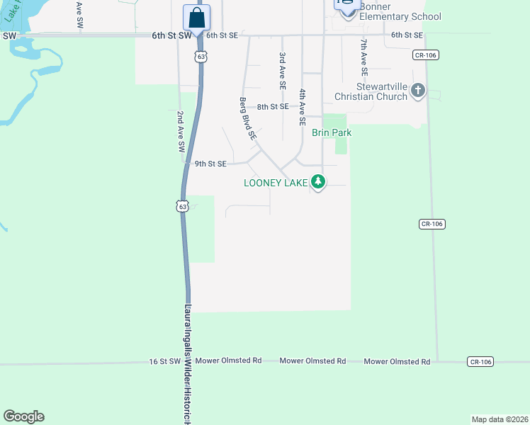 map of restaurants, bars, coffee shops, grocery stores, and more near 1002 Bucknell Boulevard Southeast in Stewartville