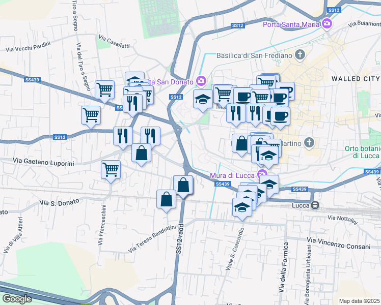 map of restaurants, bars, coffee shops, grocery stores, and more near 559 Viale Giosuè Carducci in Lucca