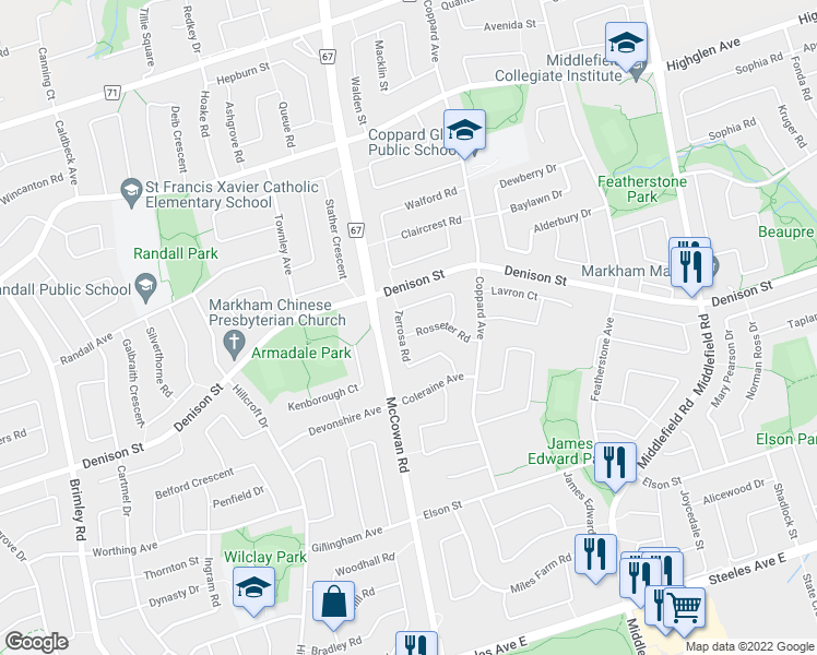 map of restaurants, bars, coffee shops, grocery stores, and more near 50 Rosseter Road in Markham