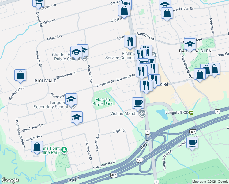 map of restaurants, bars, coffee shops, grocery stores, and more near 67 Eleanor Circle in Richmond Hill