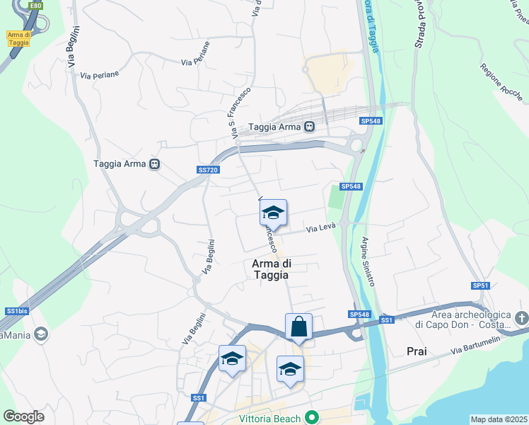 map of restaurants, bars, coffee shops, grocery stores, and more near 203 Via San Francesco in Taggia