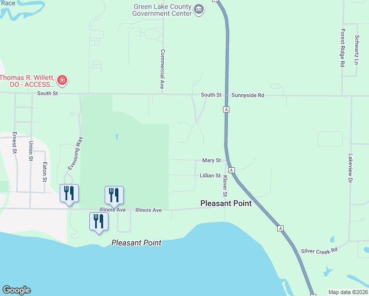 map of restaurants, bars, coffee shops, grocery stores, and more near 448 Bluebird Court in Green Lake