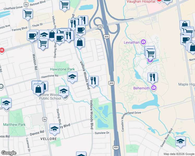 map of restaurants, bars, coffee shops, grocery stores, and more near in Vaughan