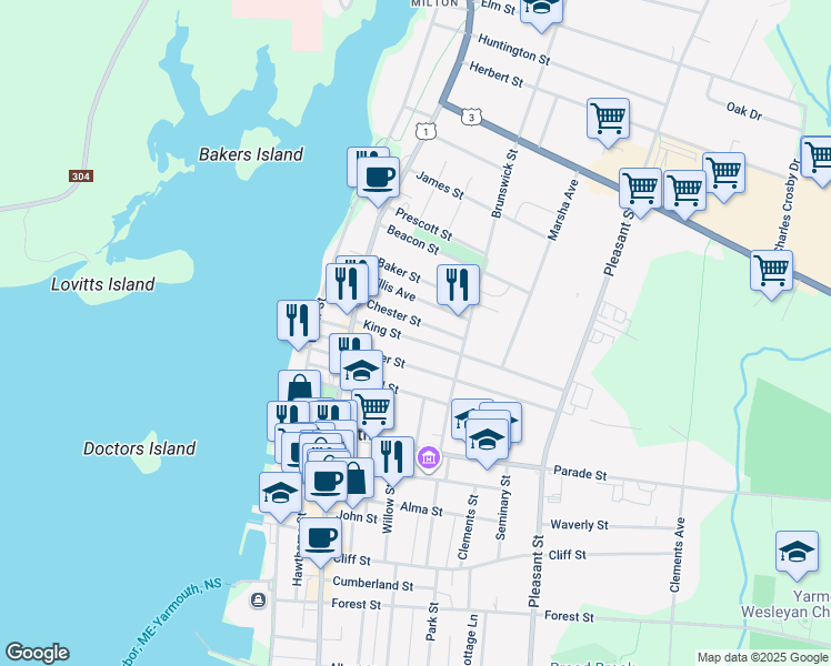 map of restaurants, bars, coffee shops, grocery stores, and more near 26 King Street in Yarmouth
