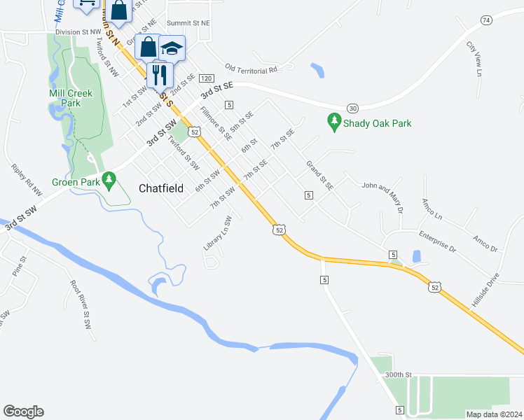 map of restaurants, bars, coffee shops, grocery stores, and more near Main Street South in Chatfield