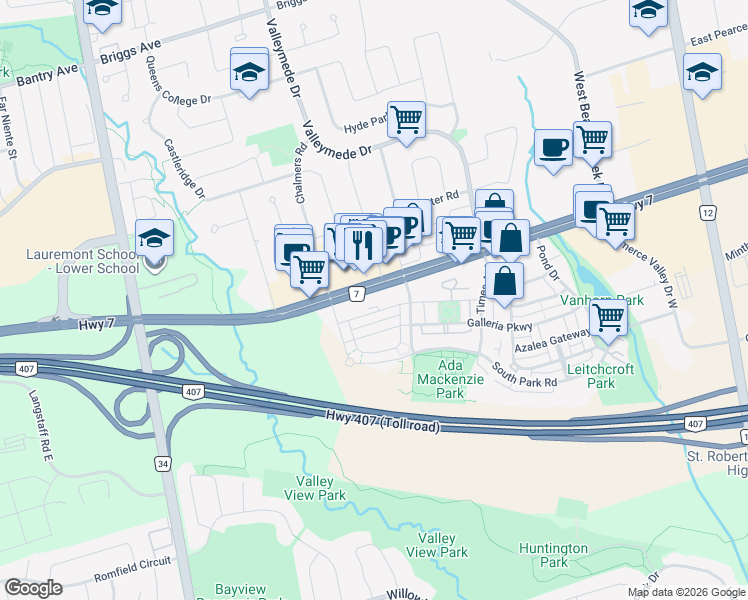 map of restaurants, bars, coffee shops, grocery stores, and more near 38 Gandhi Lane in Markham