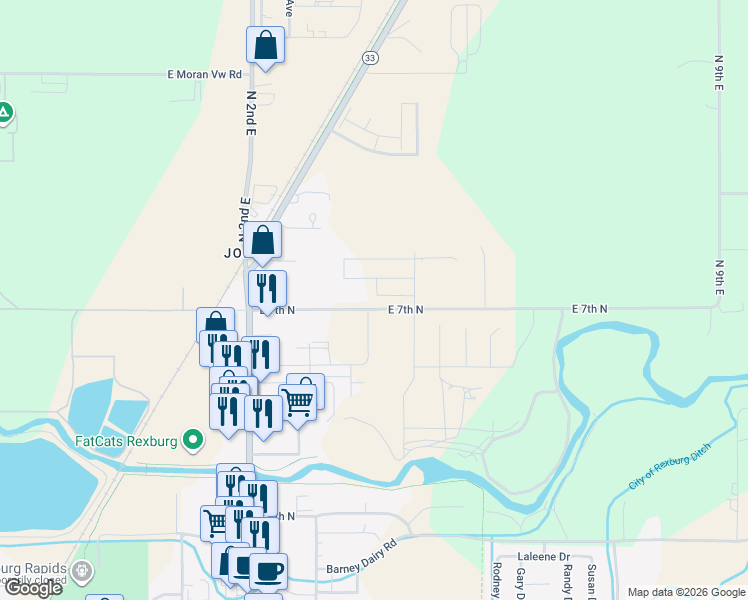 map of restaurants, bars, coffee shops, grocery stores, and more near 114-330 East 7th North in Rexburg