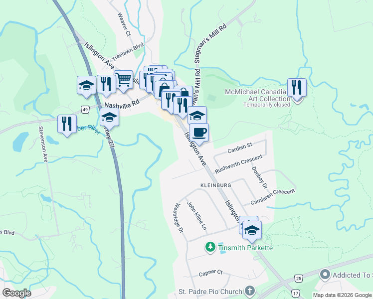 map of restaurants, bars, coffee shops, grocery stores, and more near 10360 Islington Avenue in Vaughan