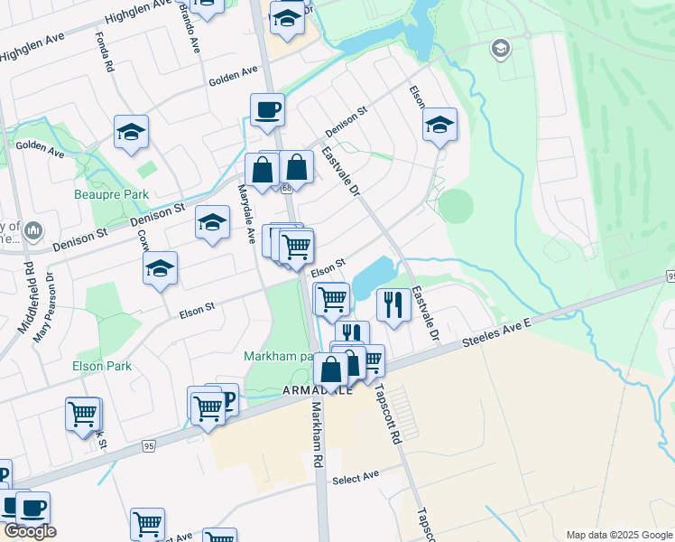 map of restaurants, bars, coffee shops, grocery stores, and more near 315 Elson Street in Markham