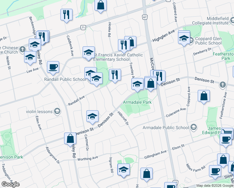 map of restaurants, bars, coffee shops, grocery stores, and more near 114 Timbers Circle in Markham