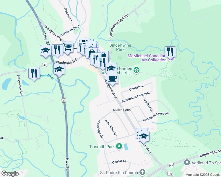 map of restaurants, bars, coffee shops, grocery stores, and more near 10365 Islington Avenue in Vaughan