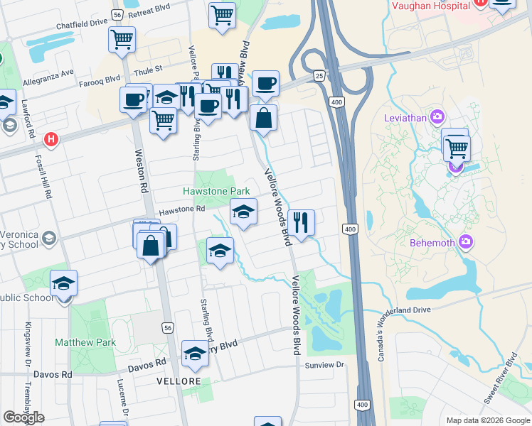 map of restaurants, bars, coffee shops, grocery stores, and more near 14 Redtail Drive in Vaughan