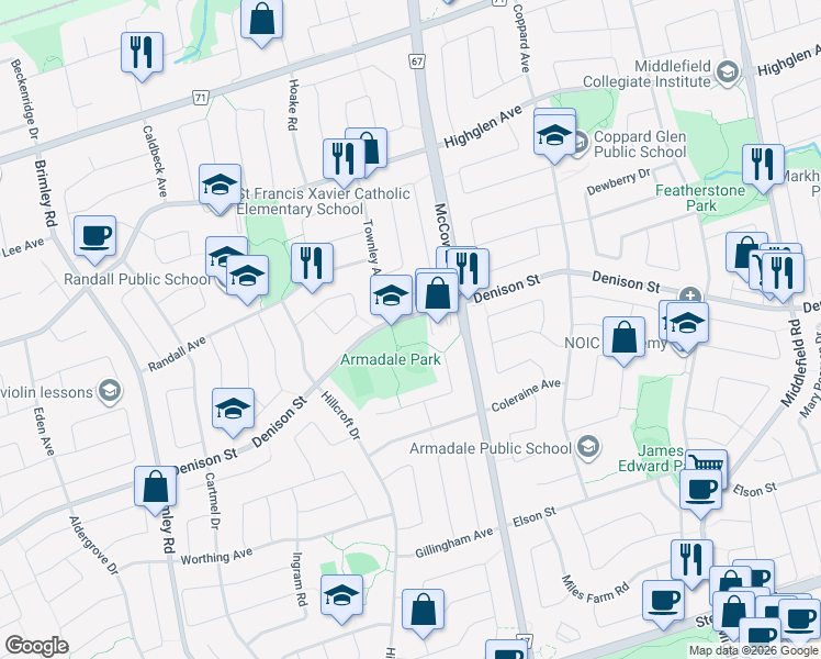 map of restaurants, bars, coffee shops, grocery stores, and more near 2401 Denison Street in Markham