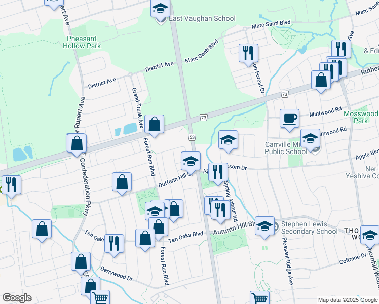 map of restaurants, bars, coffee shops, grocery stores, and more near 9130 Dufferin Street in Vaughan