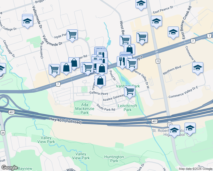 map of restaurants, bars, coffee shops, grocery stores, and more near 148 Leitchcroft Crescent in Markham