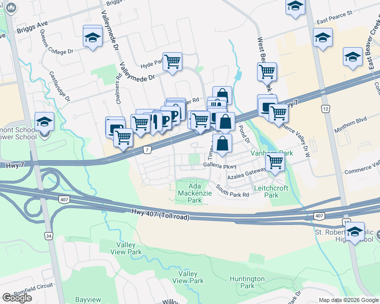 map of restaurants, bars, coffee shops, grocery stores, and more near 48 Suncrest Boulevard in Markham