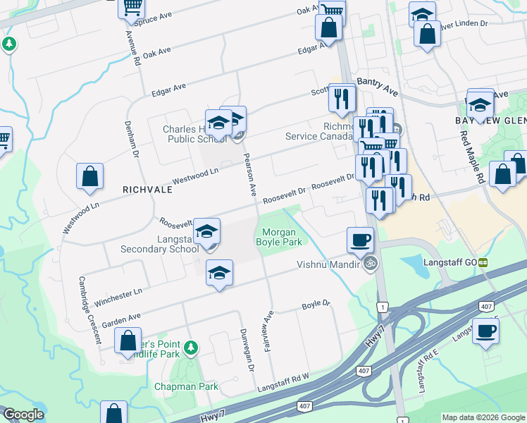 map of restaurants, bars, coffee shops, grocery stores, and more near 5 A Pearson Avenue in Richmond Hill
