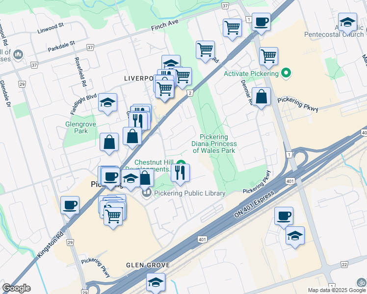 map of restaurants, bars, coffee shops, grocery stores, and more near 1533 Avonmore Square in Pickering