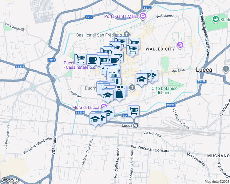 map of restaurants, bars, coffee shops, grocery stores, and more near 7 Via della Dogana in Lucca