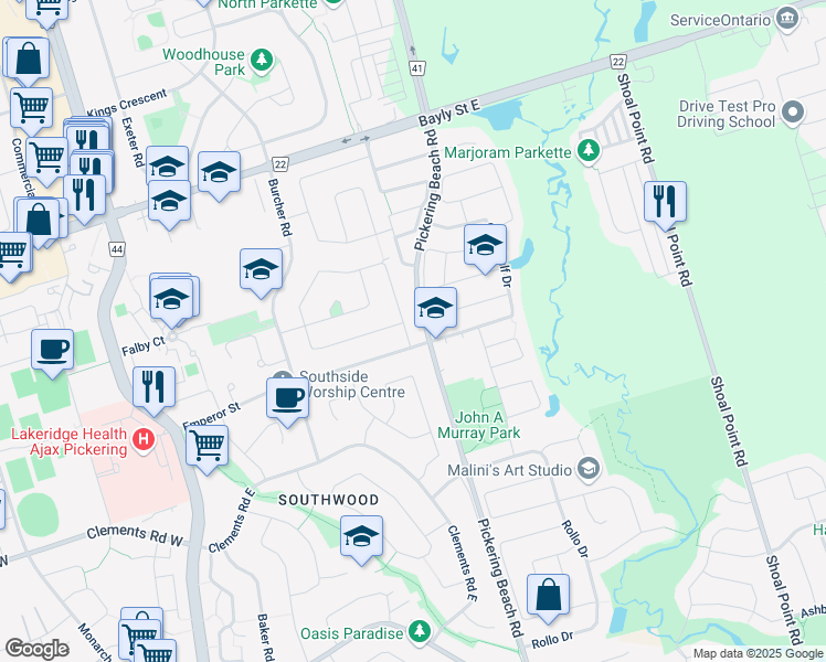 map of restaurants, bars, coffee shops, grocery stores, and more near 7 Tulloch Drive in Ajax