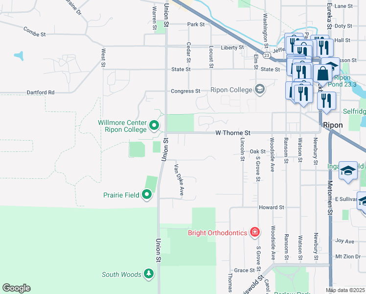 map of restaurants, bars, coffee shops, grocery stores, and more near 690 Emerson Avenue in Ripon
