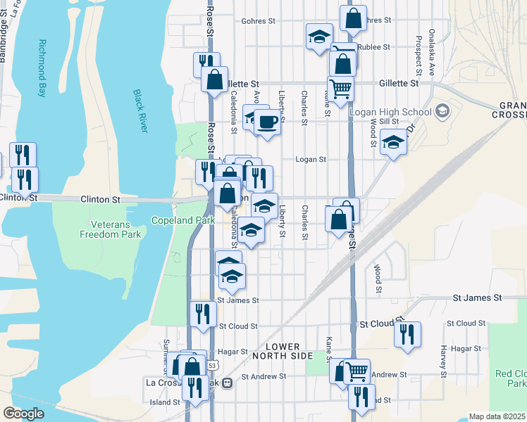 map of restaurants, bars, coffee shops, grocery stores, and more near 1208 Avon Street in La Crosse