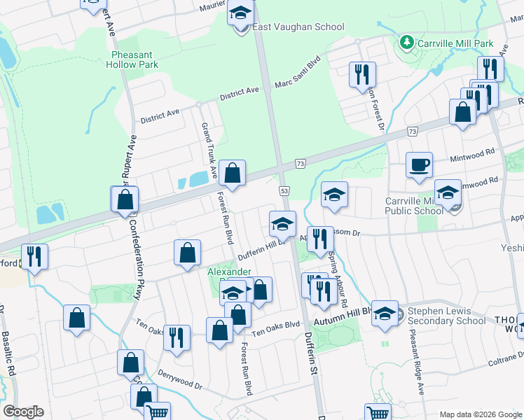 map of restaurants, bars, coffee shops, grocery stores, and more near 72 Elderbrook Crescent in Vaughan
