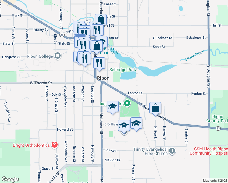 map of restaurants, bars, coffee shops, grocery stores, and more near 321 East Fond Du Lac Street in Ripon