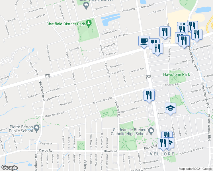 map of restaurants, bars, coffee shops, grocery stores, and more near 11 Martina Crescent in Vaughan