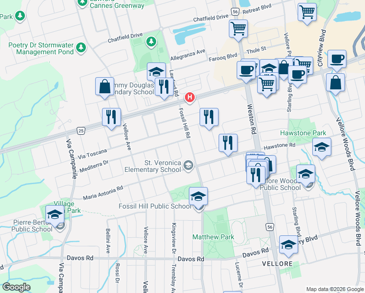 map of restaurants, bars, coffee shops, grocery stores, and more near 11 Martina Crescent in Vaughan