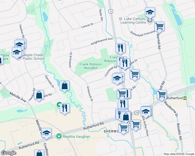 map of restaurants, bars, coffee shops, grocery stores, and more near 116 Cromwell Road in Vaughan