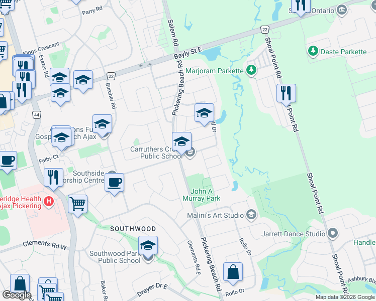 map of restaurants, bars, coffee shops, grocery stores, and more near 10 Greenhalf Drive in Ajax