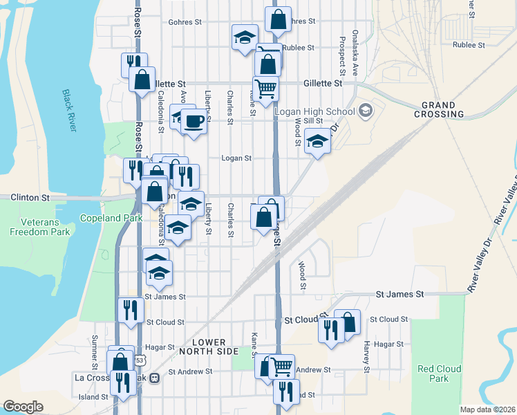 map of restaurants, bars, coffee shops, grocery stores, and more near 1202 Kane Street in La Crosse