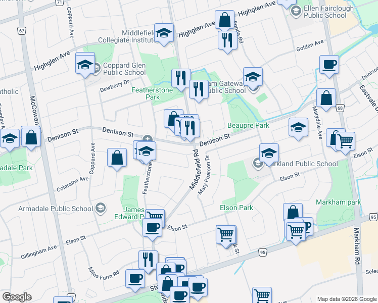 map of restaurants, bars, coffee shops, grocery stores, and more near 93 Chloe Crescent in Markham