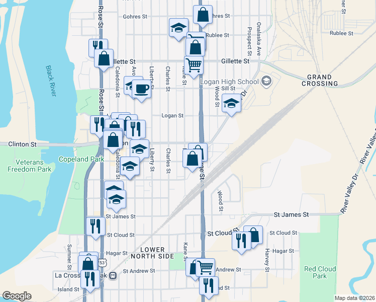 map of restaurants, bars, coffee shops, grocery stores, and more near 1202 Kane Street in La Crosse
