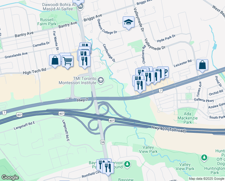 map of restaurants, bars, coffee shops, grocery stores, and more near 296 Highway 7 in Richmond Hill