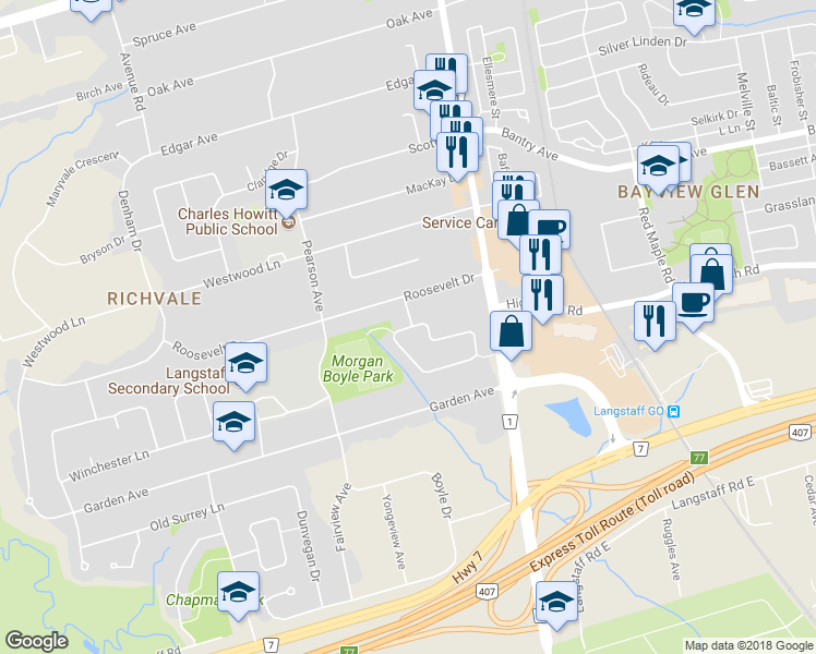 map of restaurants, bars, coffee shops, grocery stores, and more near 74 Eleanor Circle in Richmond Hill