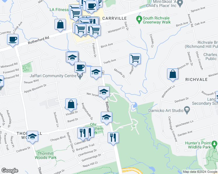 map of restaurants, bars, coffee shops, grocery stores, and more near 8909 Bathurst Street in Richmond Hill